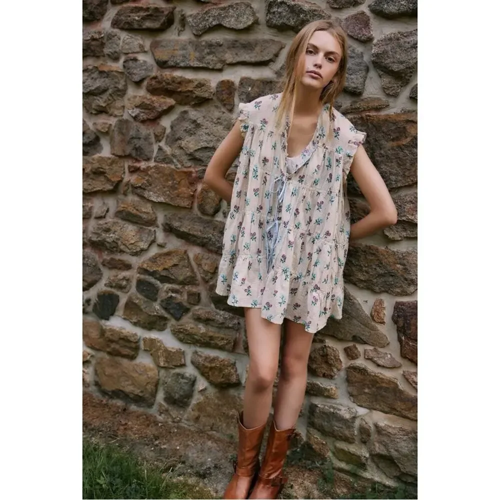 Free People Bohemian Prairie Sundown Mini Dress Tunic Top Ivory Combo Large - Picture 15 of 15